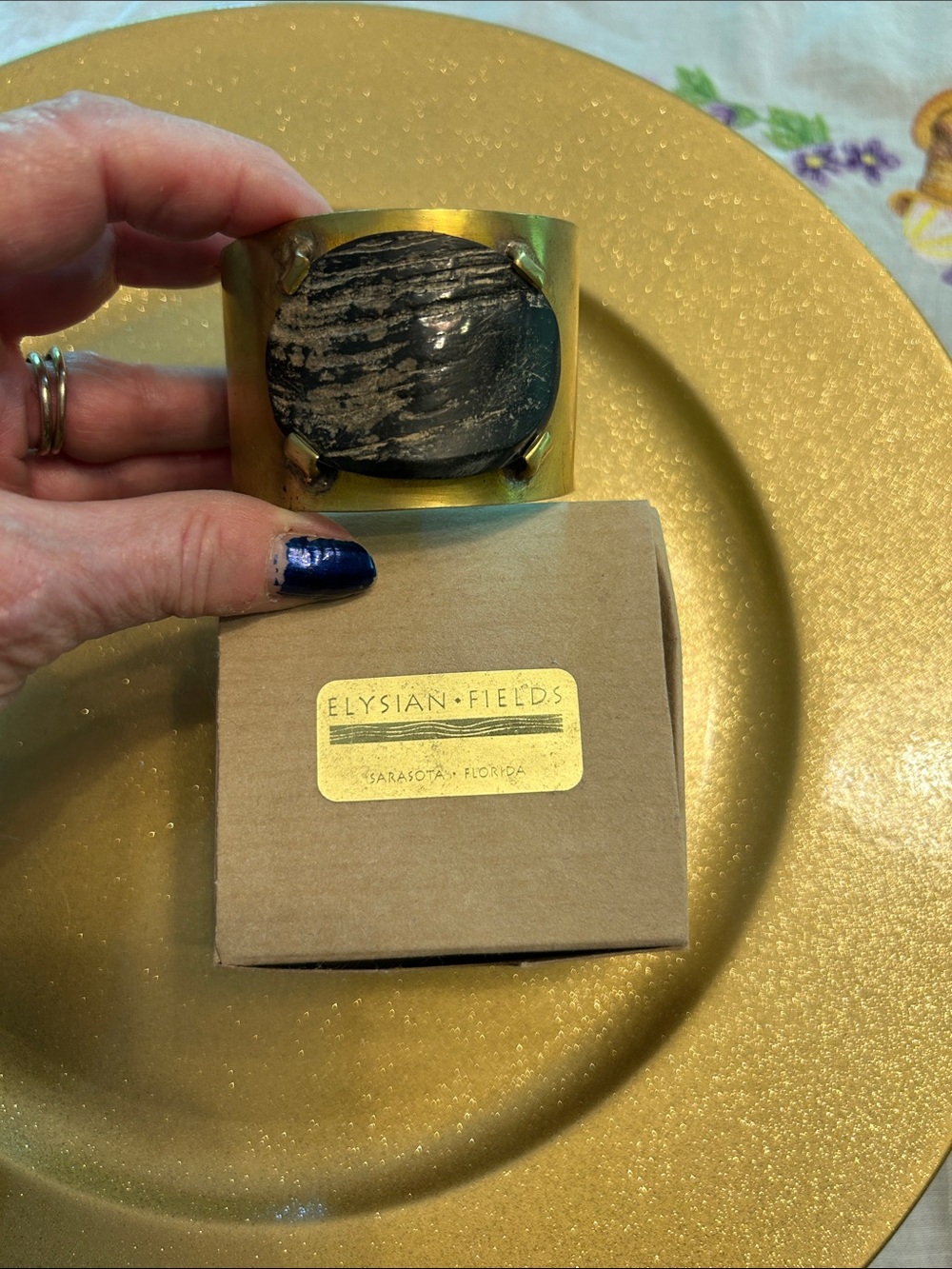 Gold-Tone Brass Cuff Bracelet with Black Stone Accent; NWT from Designer Shop
